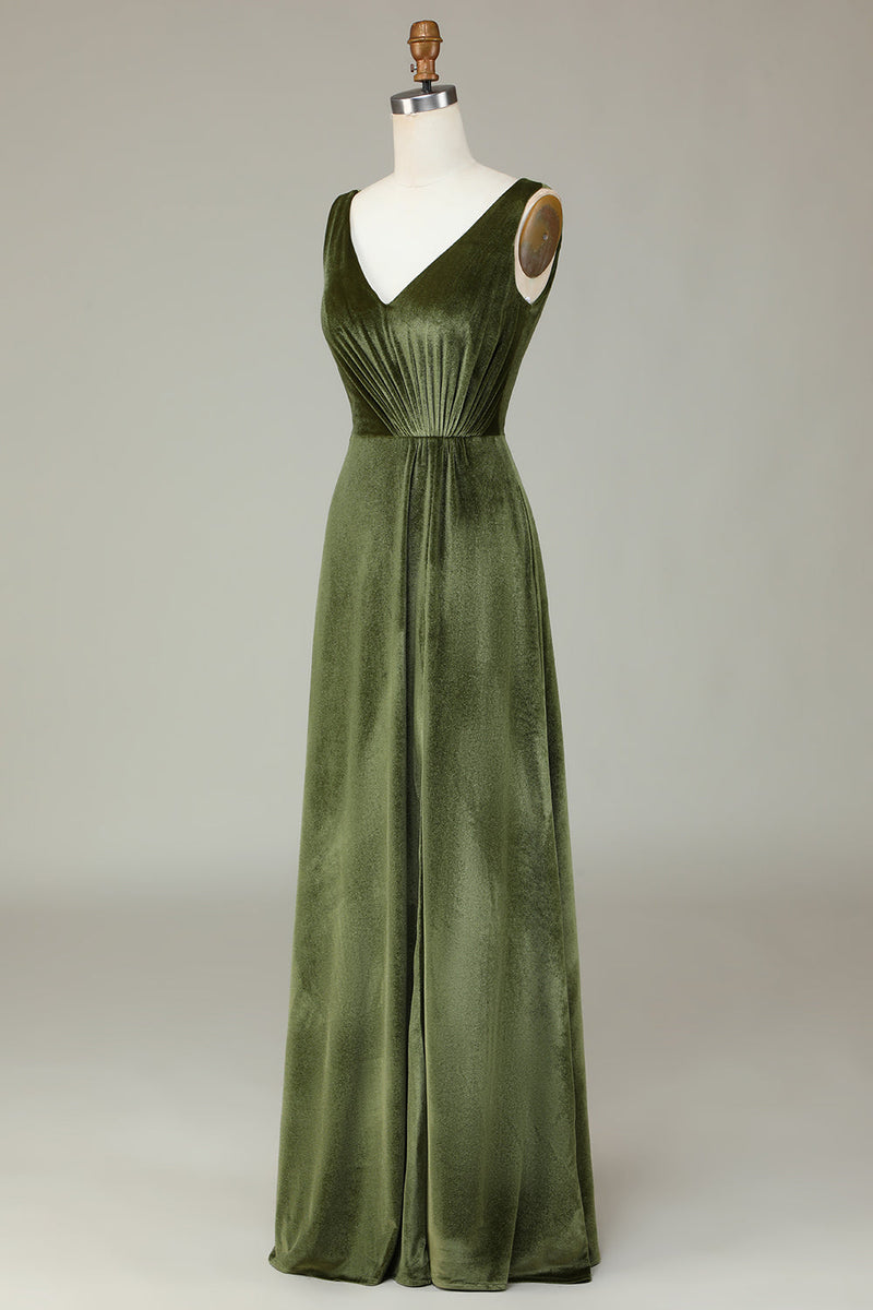 Load image into Gallery viewer, V-Neck Sleeveless Olive Velvet Bridesmaid Dress