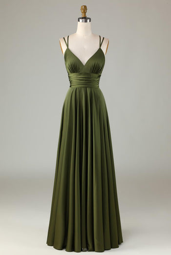 Grand Beauty A Line Spaghetti Straps Olive Long Bridesmaid Dress with Ruffles