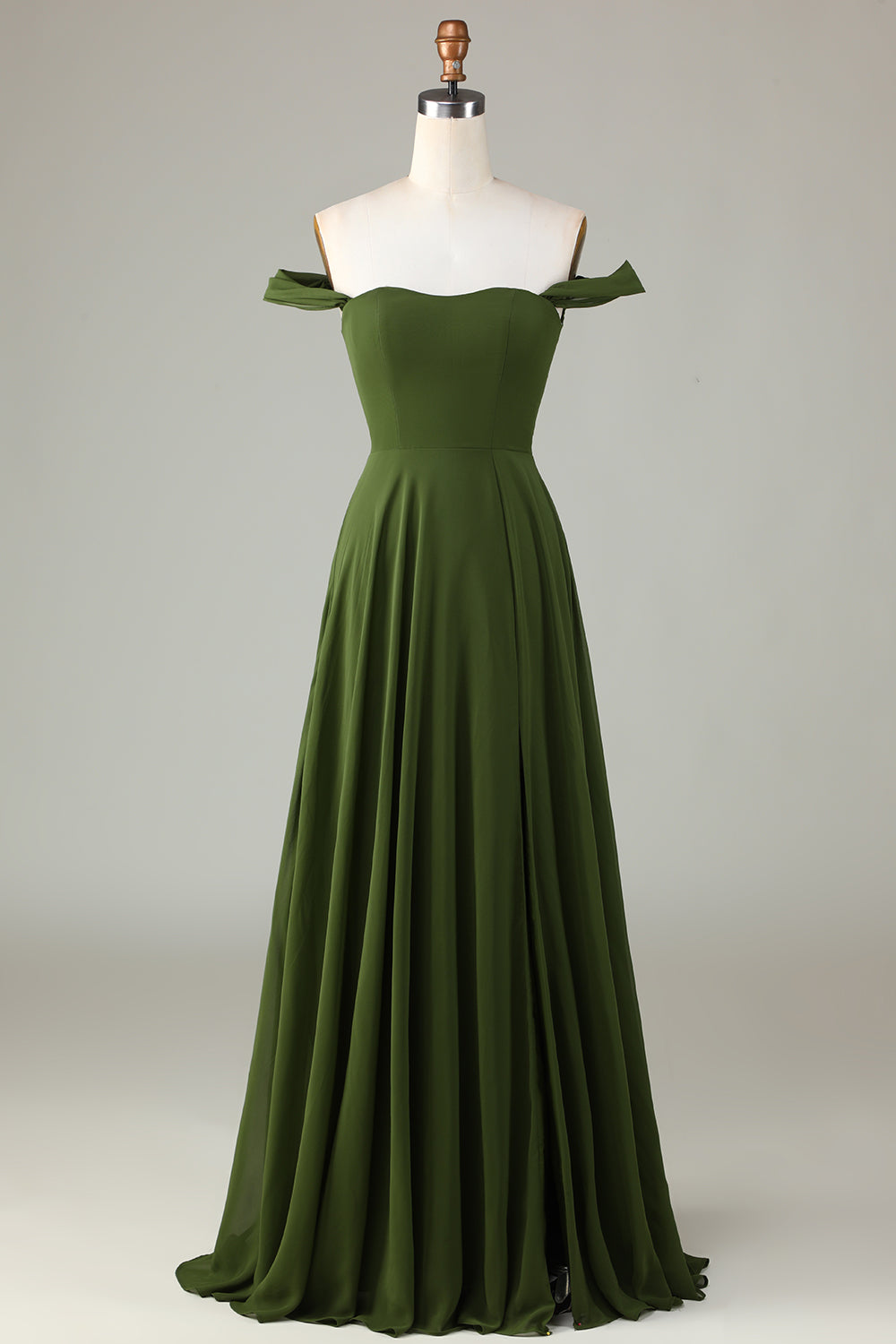 A-Line Off The Shoulder Olive Bridesmaid Dress with Slit