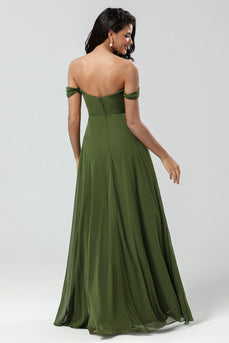 Off The Shoulder A Line Olive Bridesmaid Dress with Slit