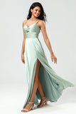 Spaghetti Straps Keyhole A Line Green Bridesmaid Dress with Slit