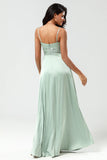 Spaghetti Straps Keyhole A Line Green Bridesmaid Dress with Slit