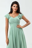 Lace-Up Back A Line Chiffon Green Bridesmaid Dress with Ruffles