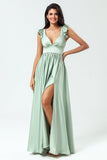 Deep V-Neck A Line Green Long Bridesmaid Dress with Ruffles