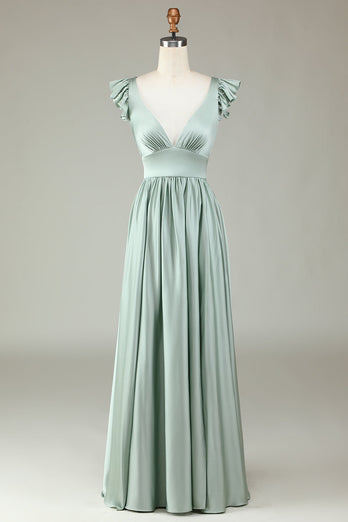 Deep V-Neck A Line Green Long Bridesmaid Dress with Ruffles