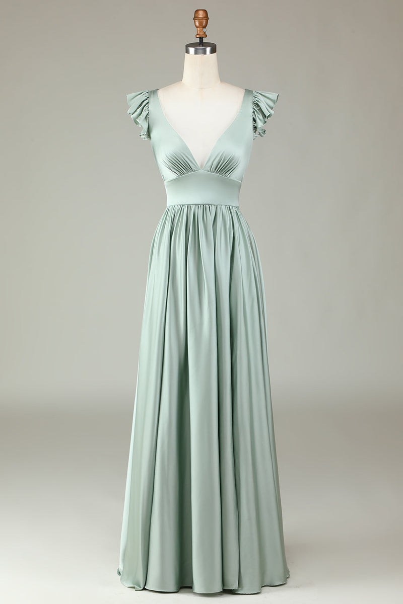 Load image into Gallery viewer, Deep V-Neck A Line Green Long Bridesmaid Dress with Ruffles