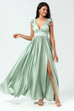 Deep V-Neck A Line Green Long Bridesmaid Dress with Ruffles