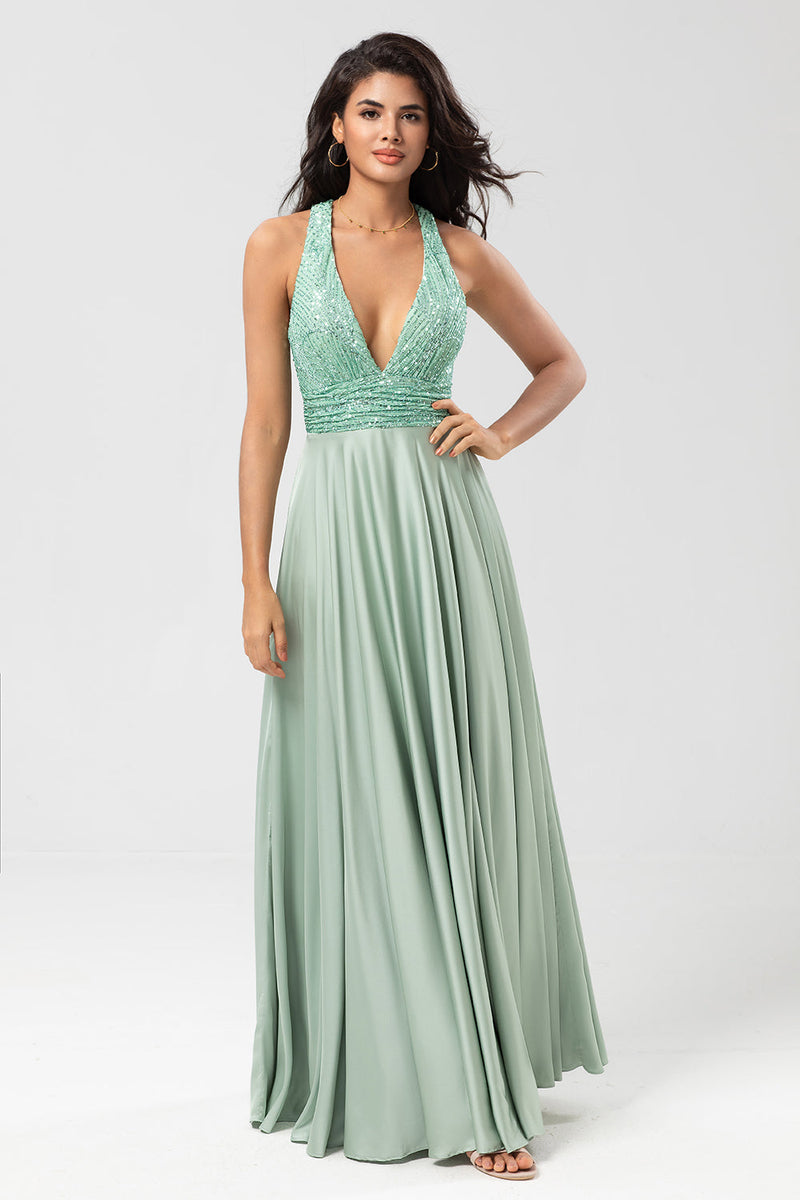 Load image into Gallery viewer, Never-Ending A Line V-Neck Matcha Long Bridesmaid Dress with Beading
