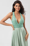 Never-Ending A Line V-Neck Matcha Long Bridesmaid Dress with Beading