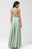 Load image into Gallery viewer, Never-Ending A Line V-Neck Matcha Long Bridesmaid Dress with Beading