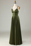 A-Line Sleeveless Olive Long Bridesmaid Dress