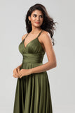 Grand Beauty A Line Spaghetti Straps Olive Long Bridesmaid Dress with Ruffles