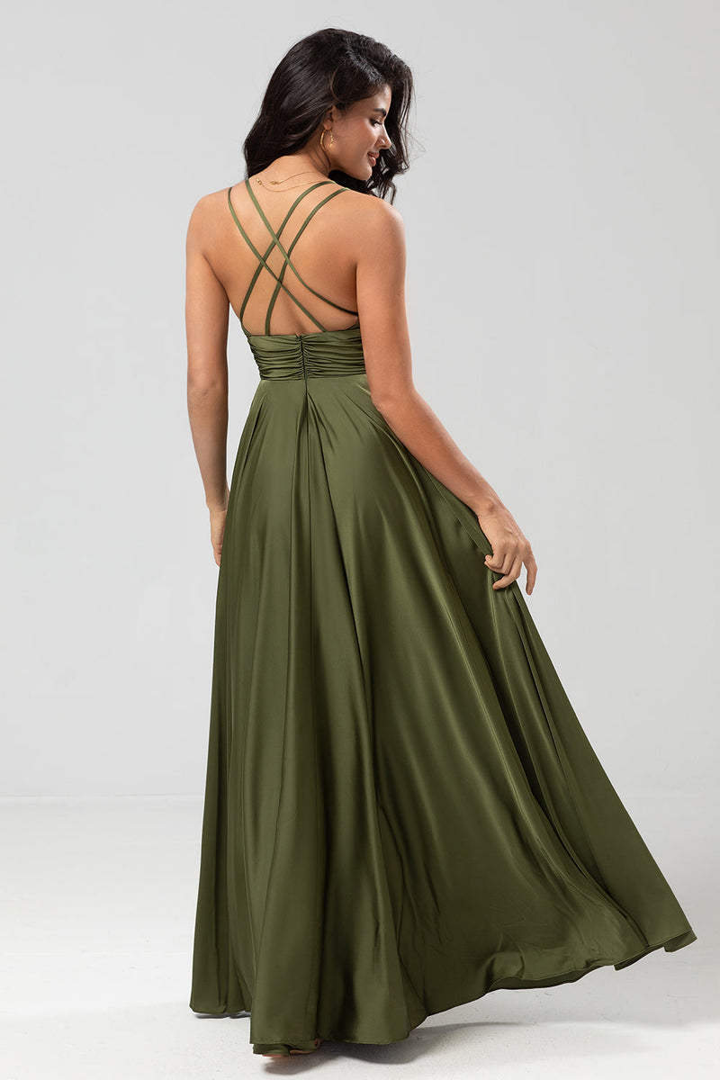 Load image into Gallery viewer, Grand Beauty A Line Spaghetti Straps Olive Long Bridesmaid Dress with Ruffles