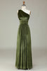 Load image into Gallery viewer, Dreaming of Elegance A Line One Shoulder Olive Velvet Long Bridesmaid Dress