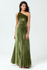 Load image into Gallery viewer, Dreaming of Elegance A Line One Shoulder Olive Velvet Long Bridesmaid Dress