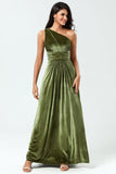 Dreaming of Elegance A Line One Shoulder Olive Velvet Long Bridesmaid Dress