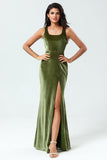 Enchanting Romantic Mermaid Square Neck Olive Long Bridesmaid Dress with Slit