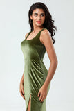 Enchanting Romantic Mermaid Square Neck Olive Long Bridesmaid Dress with Slit