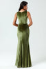 Load image into Gallery viewer, Enchanting Romantic Mermaid Square Neck Olive Long Bridesmaid Dress with Slit