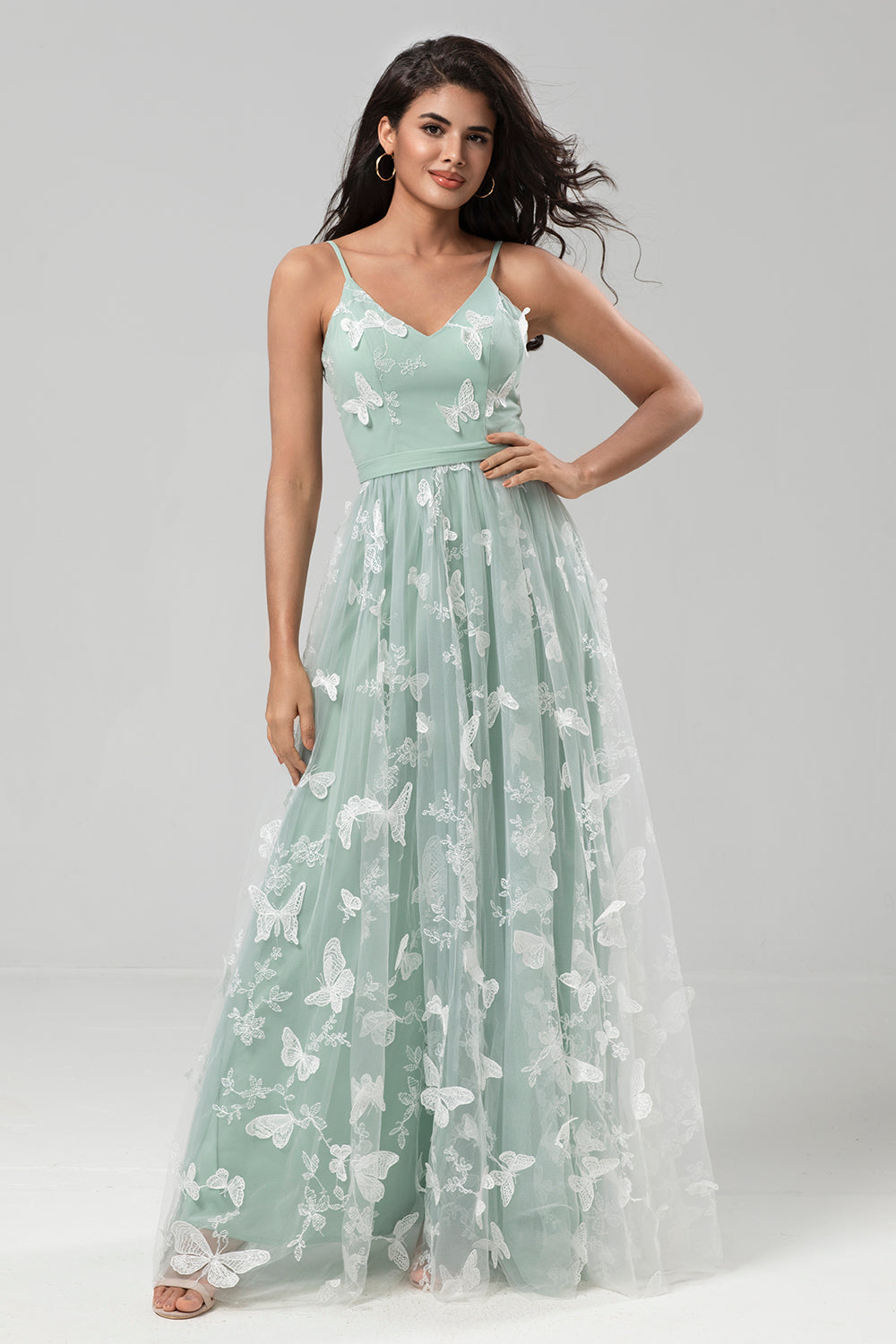 Captured Your Heart A Line Spaghetti Straps Matcha Long Bridesmaid Dress with Appliques