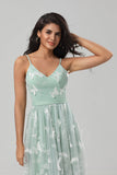 Captured Your Heart A Line Spaghetti Straps Matcha Long Bridesmaid Dress with Appliques