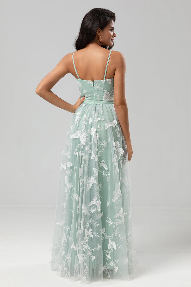 Load image into Gallery viewer, Captured Your Heart A Line Spaghetti Straps Matcha Long Bridesmaid Dress with Appliques