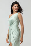 Chic Romantic One Shoulder Matcha Bridesmaid Dress with Ruffles