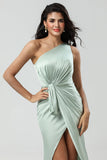 Chic Romantic One Shoulder Matcha Bridesmaid Dress with Ruffles