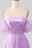 Lilac A Line Strapless Sparkly Sequin Long Prom Dress