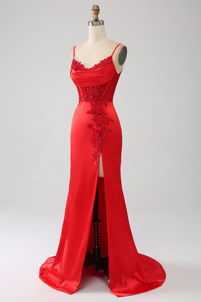 Load image into Gallery viewer, Satin Mermaid Beaded Red Prom Dress with Slit