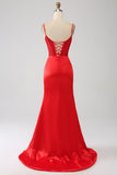 Satin Mermaid Beaded Red Prom Dress with Slit