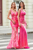 Load image into Gallery viewer, Sparkly Mermaid Deep V Neck Fuchsia Sequins Long Prom Dress with Appliques
