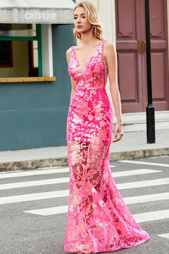 Sparkly Mermaid Deep V Neck Fuchsia Sequins Long Prom Dress with Appliques