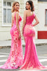 Load image into Gallery viewer, Sparkly Mermaid Deep V Neck Fuchsia Sequins Long Prom Dress with Appliques