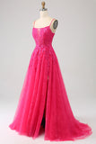 Fuchsia A-Line Corset Lace Long Prom Dress with Slit