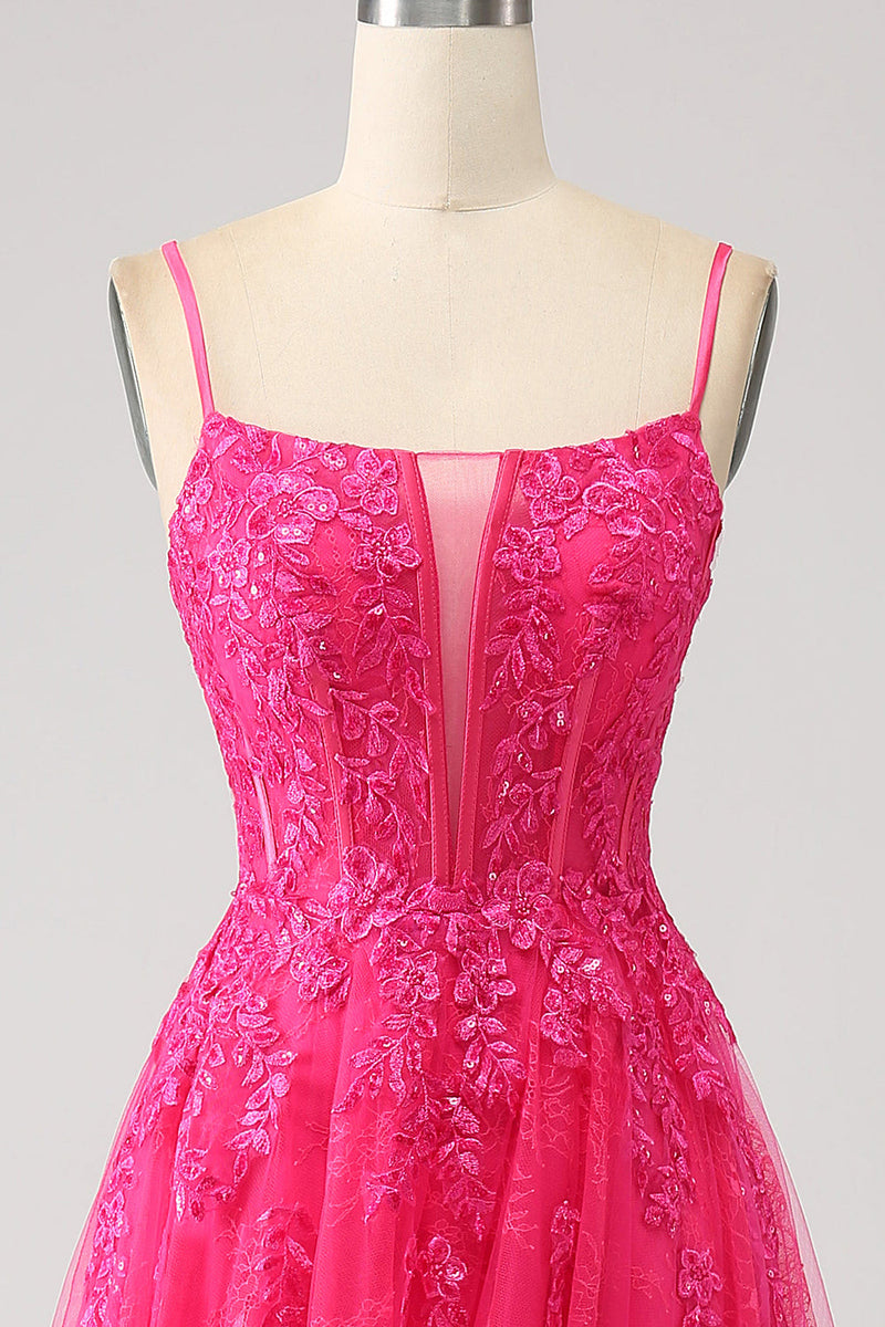 Load image into Gallery viewer, Fuchsia A-Line Corset Lace Long Prom Dress with Slit