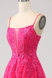 Fuchsia A-Line Corset Lace Long Prom Dress with Slit