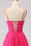 Fuchsia A-Line Corset Lace Long Prom Dress with Slit