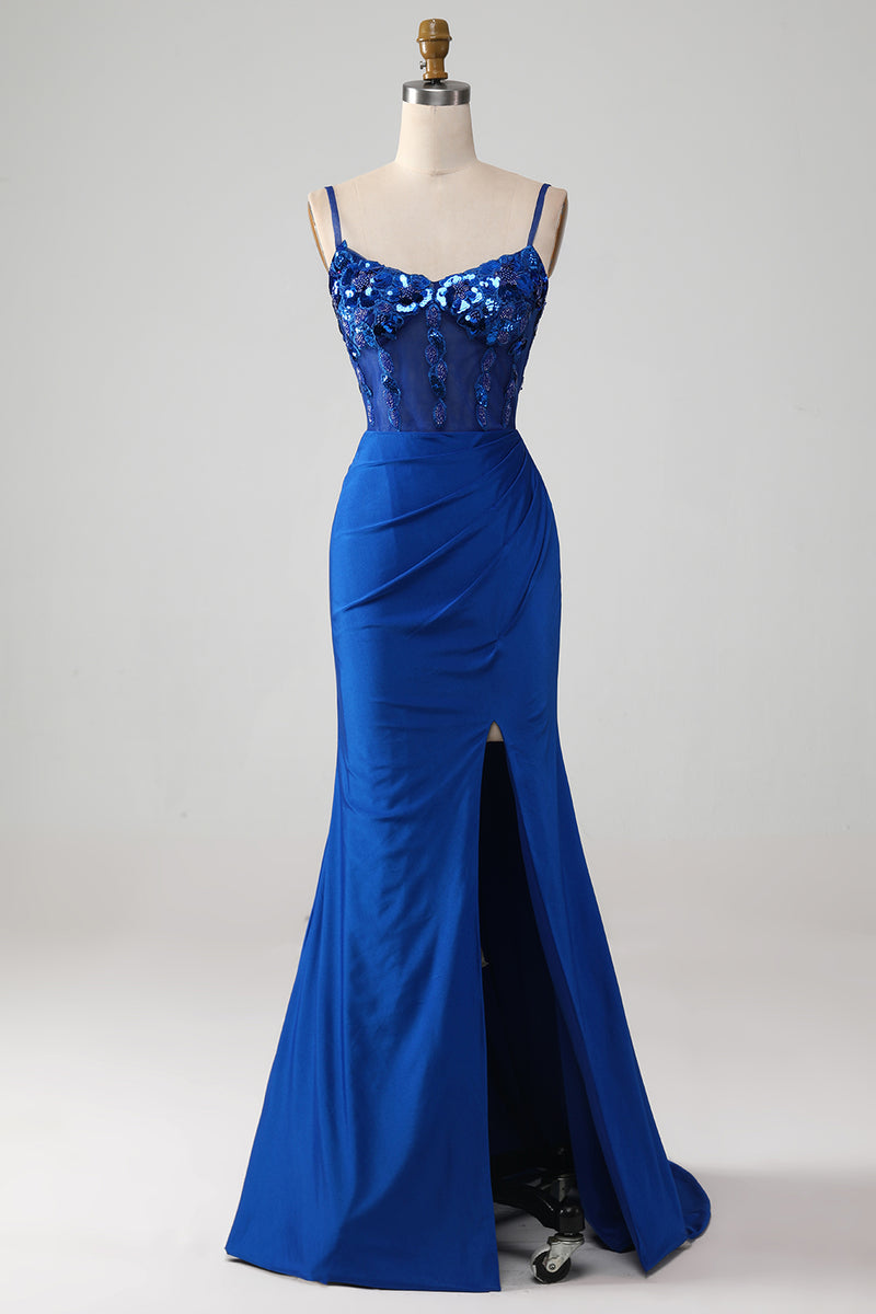 Load image into Gallery viewer, Beaded Royal Blue Corset Prom Dress with Slit