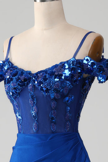 Beaded Royal Blue Corset Prom Dress with Slit