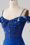 Beaded Royal Blue Corset Prom Dress with Slit