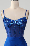 Beaded Royal Blue Corset Prom Dress with Slit