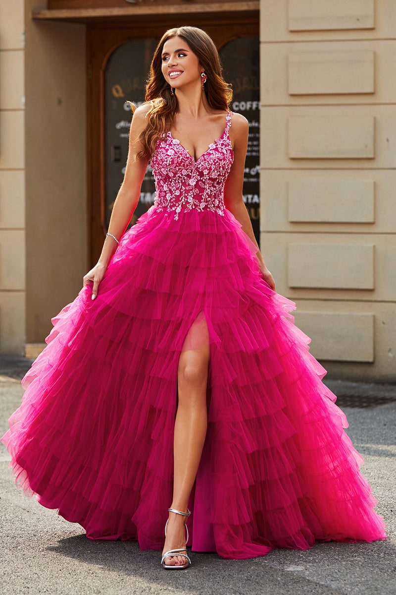 Load image into Gallery viewer, Gorgeous A Line Spaghetti Straps Fuchsia Long Prom Dress with Appliques Ruffles