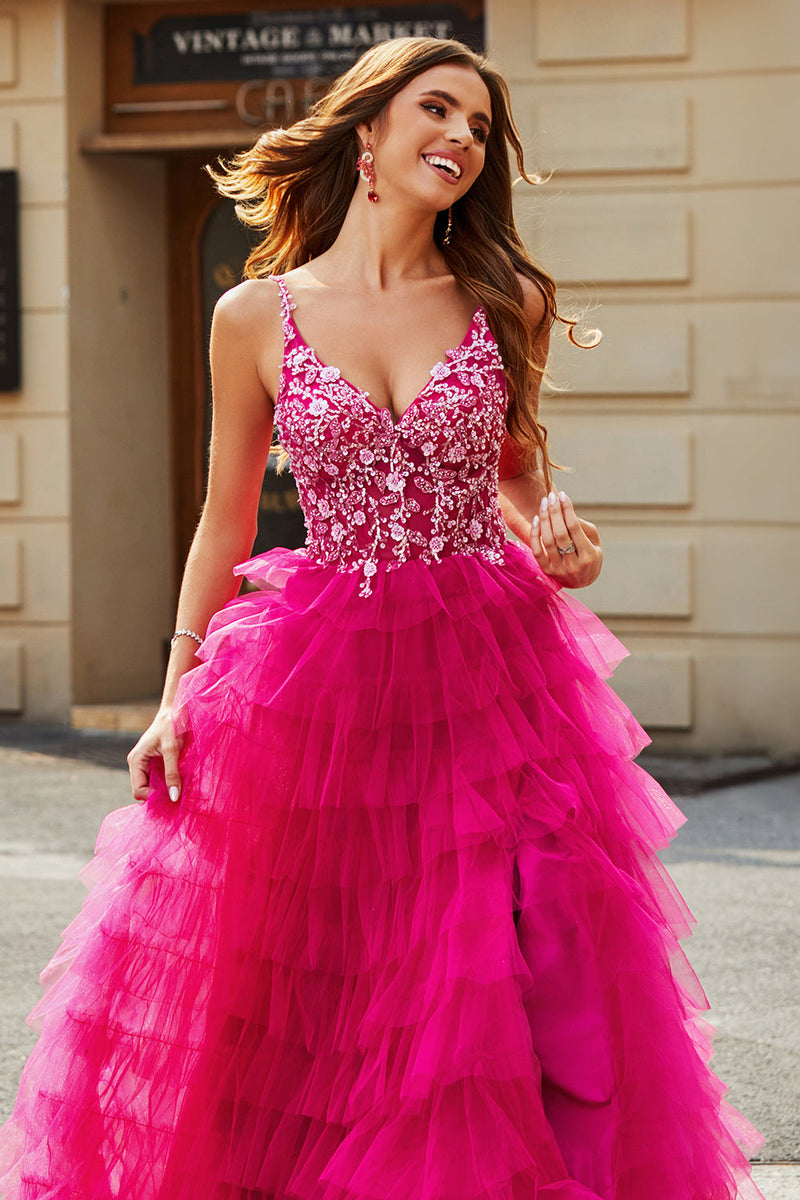 Load image into Gallery viewer, Gorgeous A Line Spaghetti Straps Fuchsia Long Prom Dress with Appliques Ruffles