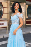 Gorgeous A Line Off the Shoulder Light Blue Corset Prom Dress with Feather