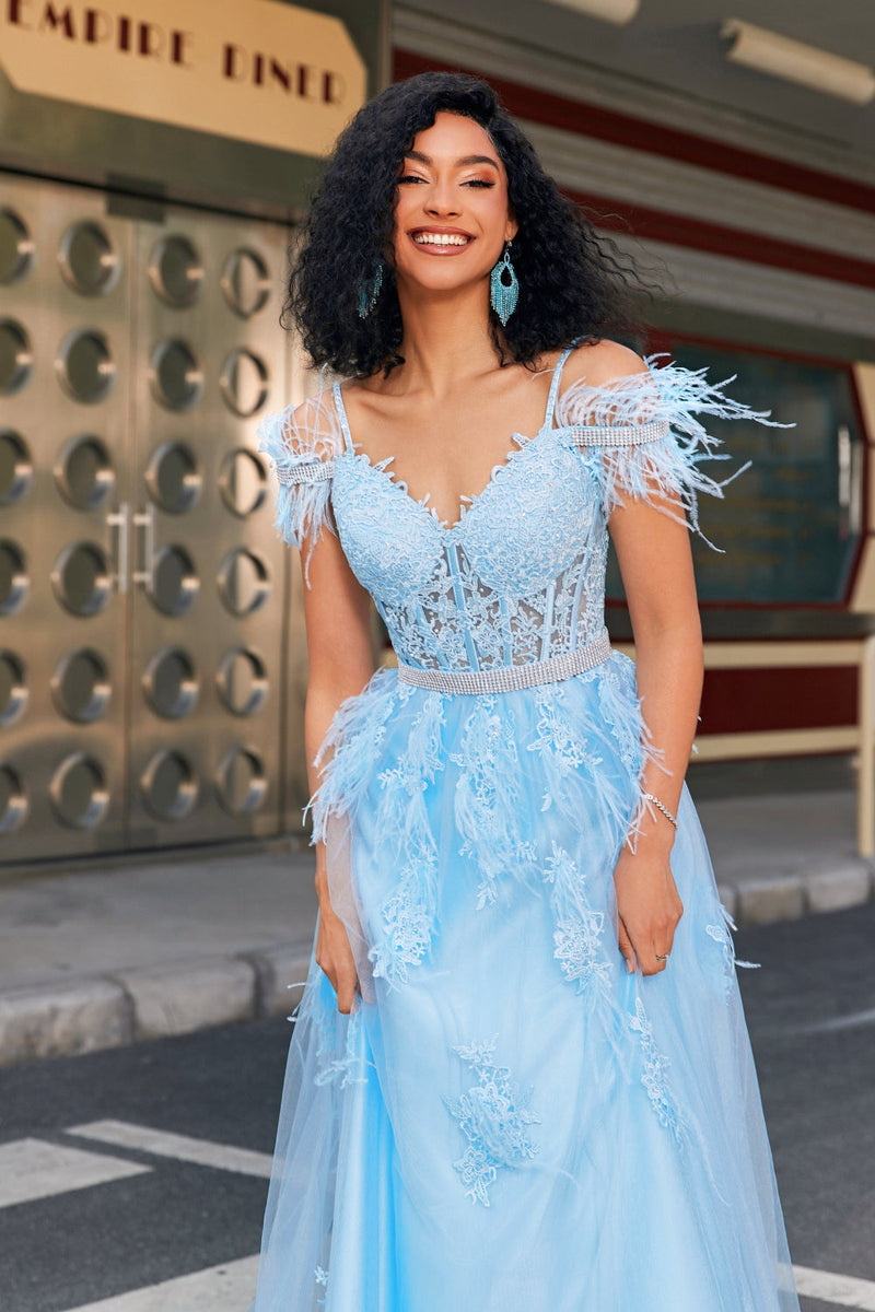Load image into Gallery viewer, Gorgeous A Line Off the Shoulder Light Blue Corset Prom Dress with Feather