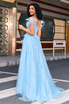 Gorgeous A Line Off the Shoulder Light Blue Corset Prom Dress with Feather
