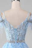 Light Blue A-Line Rhinestones Accents Corset Prom Dress With Appliques