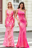 Stunning Mermaid One Shoulder Fuchsia Sequins Long Prom Dress with Slit