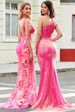 Stunning Mermaid One Shoulder Fuchsia Sequins Long Prom Dress with Slit